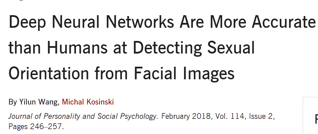 Screen shot of study on Deep Nerual Networks are more Accurate than humans at detecting sexual orientation from facial images by yilun wang and michal kosinski